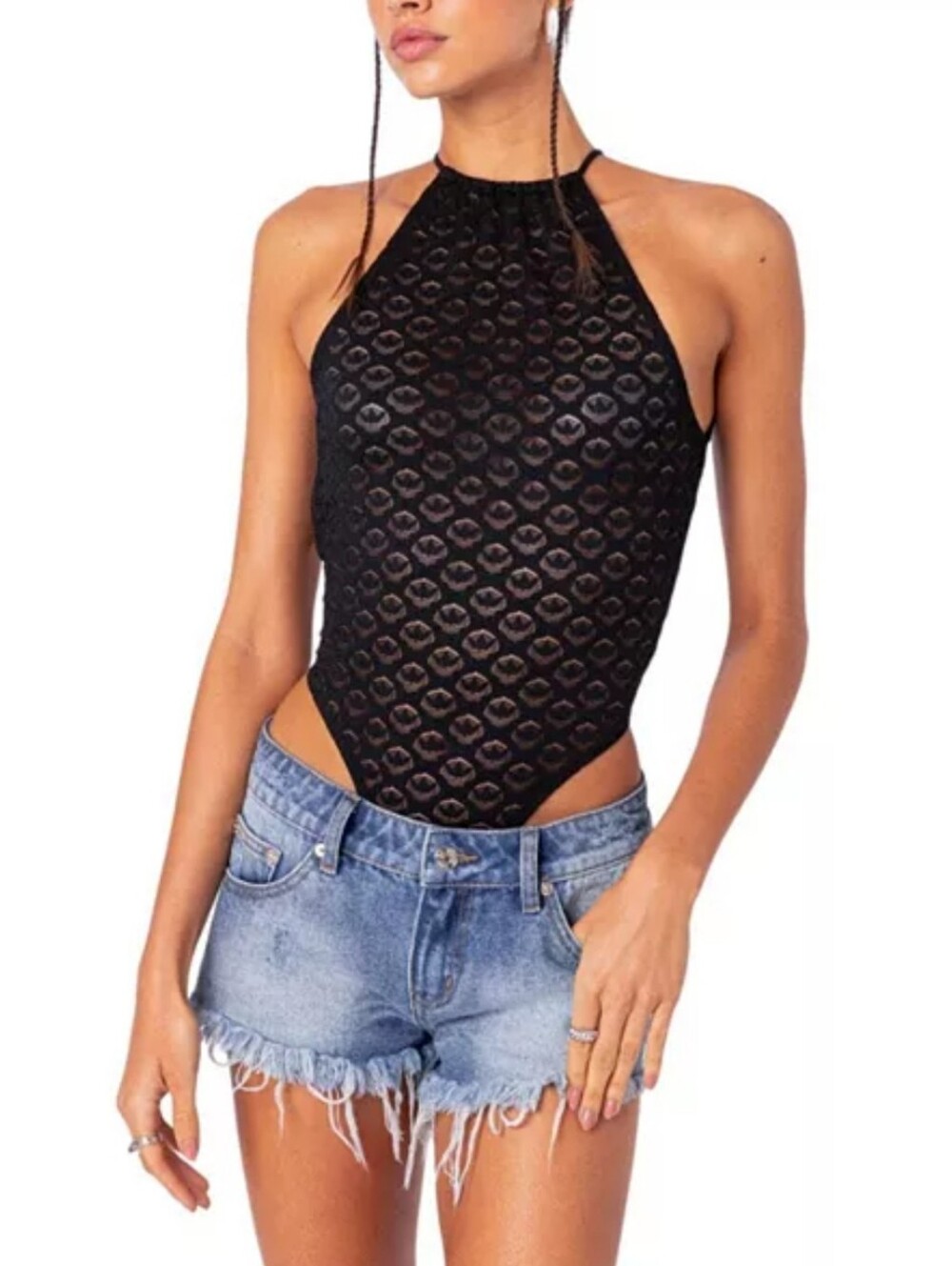 Edikted Halter Neck Black Lace Bodysuit Top